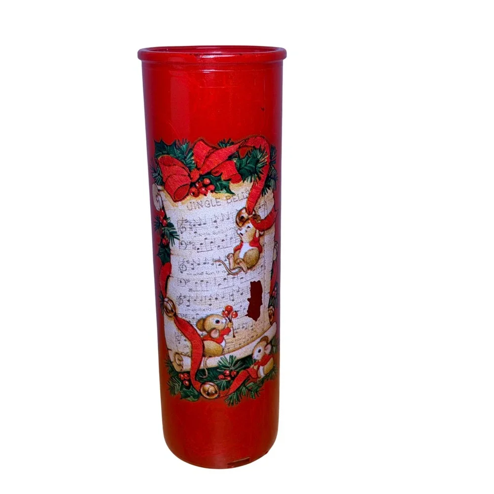 Vintage Christmas Jingle Bells Mouse Red Glass Cylinder Vase Mid Century Retro